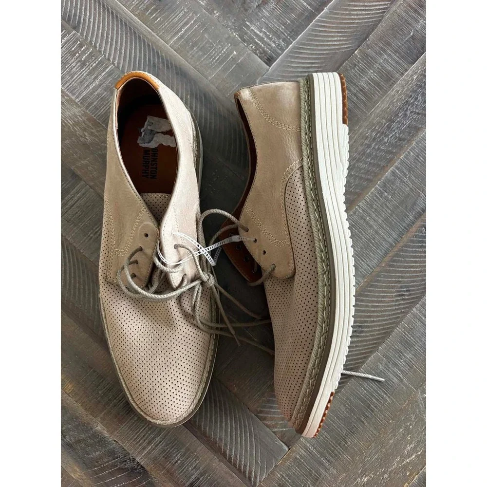 Johnston & Murphy TRUFOAM Perforated Leather Derby Shoes Beige Mens 10.5 NEW